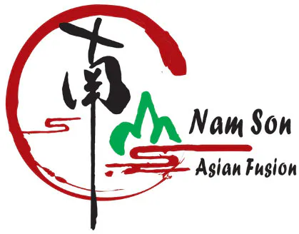 Red ink circle logo with Chinese Nan character, green mountain graphic and Nam Son Asian Fusion text at Namson Asian Fusion , an Asian Fusion Restaurant in Redmond